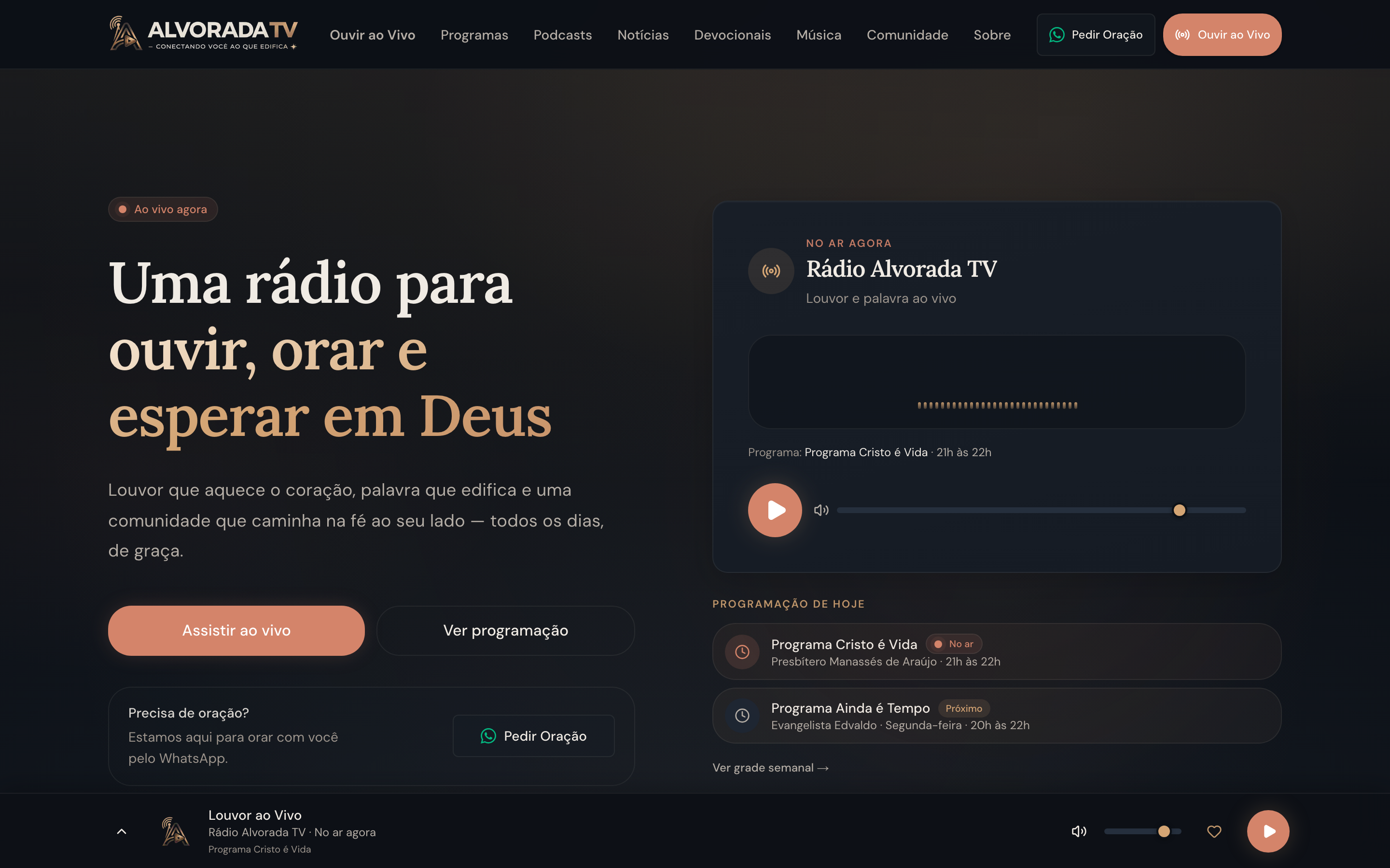 Production homepage with persistent bottom radio player showing now-playing metadata
